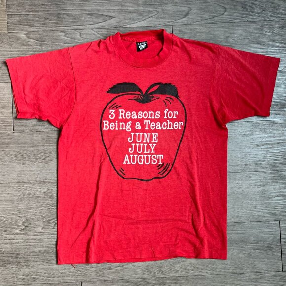 Vintage 90s Single Stitch Red Apple Teacher Novelty T-Shirt Screen Stars Size L - Picture 1 of 5
